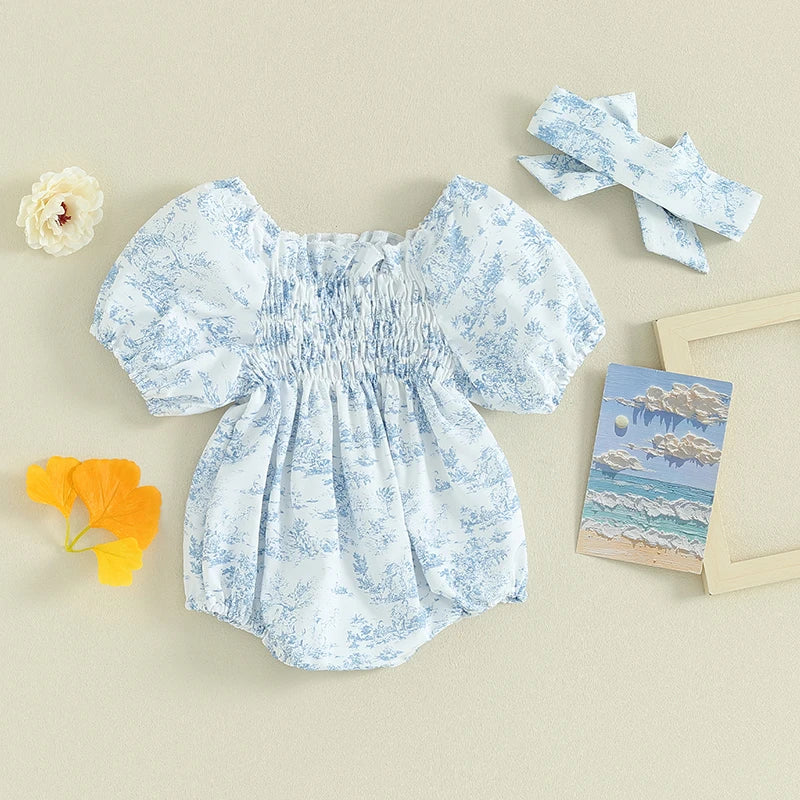 Summer Baby Girls Rompers Floral Print Ruched Puff Sleeve Clothes Infant Jumpsuits with Headband