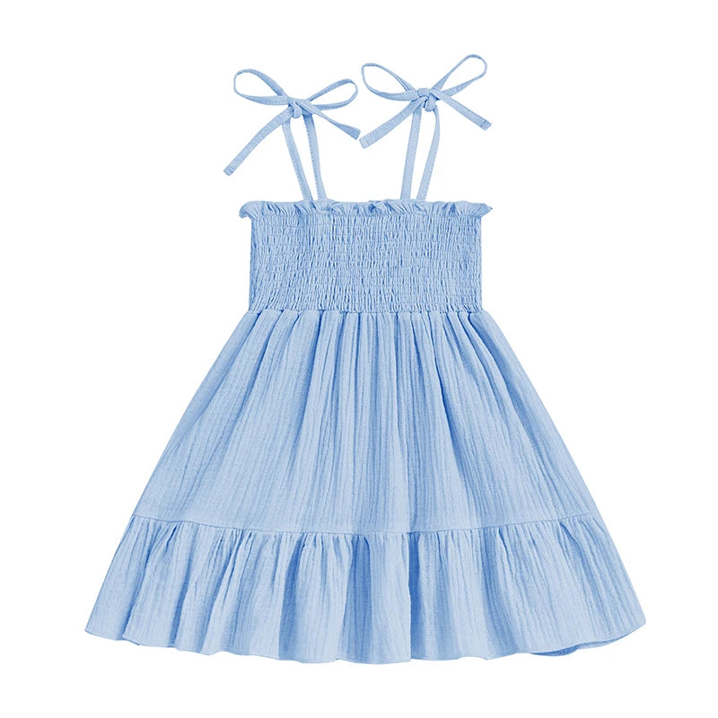Little Girl Tie Shoulder Dress Solid Smocked Spaghetti Strap Tiered Ruffled Dress Cute Summer Clothes