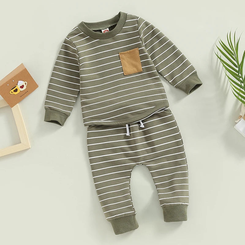 Baby Boys Pants Set Striped Long Sleeve Crew Neck Sweatshirt Elastic Waist Sweatpants Outfit