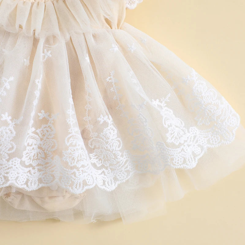 Baby Girls Dress Fly Sleeve Crew Neck Flower Lace Tulle Patchwork A-line Romper Dress