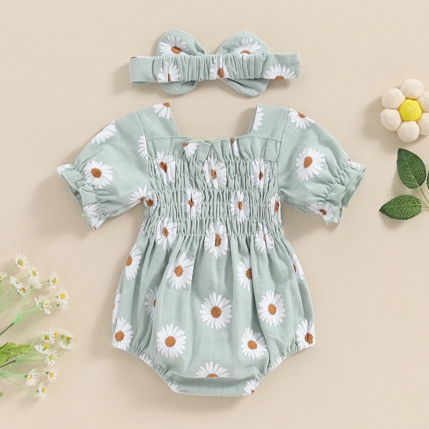 Baby Girl 2Pcs Summer Outfits Short Sleeve Daisy Print Smocked Romper with Headband Set Newborn Clothes