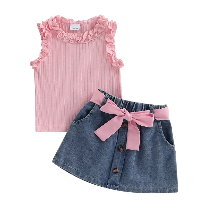 Toddler Kids Girl Outfit Solid Color Ruffles Tank Tops and Button Denim Skirt with Belt Set Summer Clothes