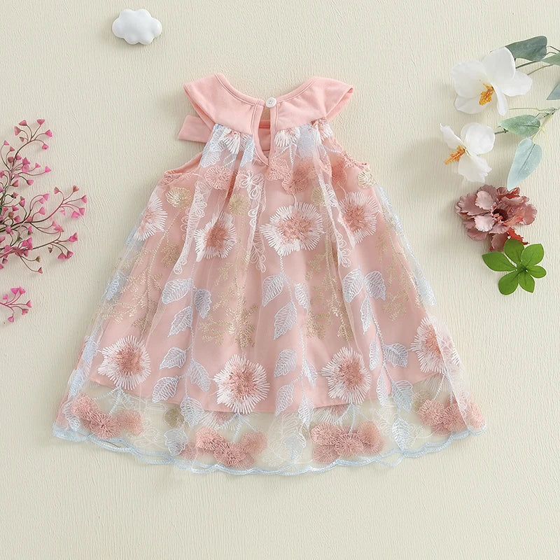 Toddler Girl Summer Sleeveless Dress Floral Embroidery Round Neck Tulle A-Line Dress