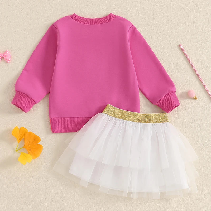 Girl Fall Outfit Bow Embroidery Long Sleeve Sweatshirt with A Line Tulle Skirt