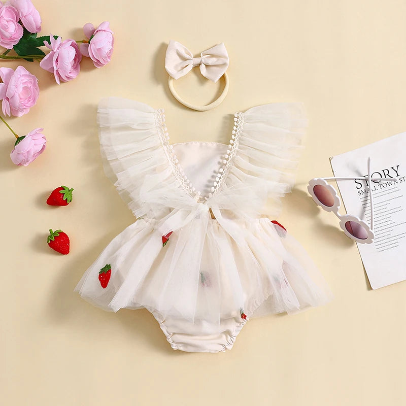 Baby Girls Summer Romper Dress Flying Sleeve Strawberry Embroidery Romper with Headband