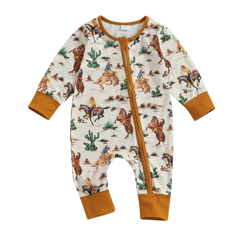 Baby Boys Jumpsuit Long Sleeve Cow/Horse Print Zipped Romper