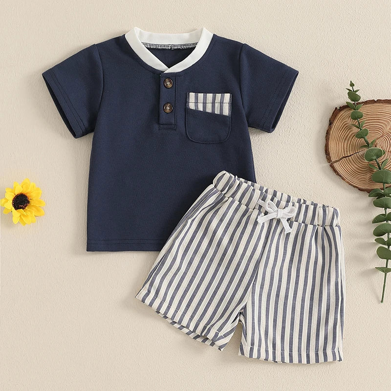 Toddler Baby Boy Summer Clothes Short Sleeve Pocket T-Shirt Stripe Drawstring Shorts Outfit