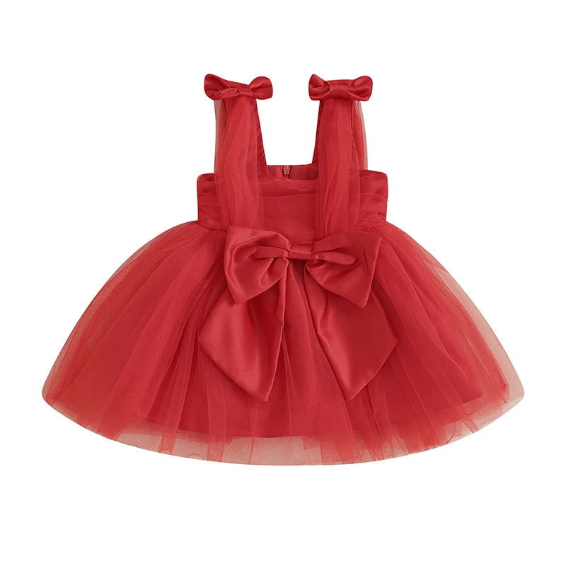 Infant Baby Girls Princess Dress Sleeveless Strap Elegant Bow Tulle Patchwork Christmas Tutu Sundress