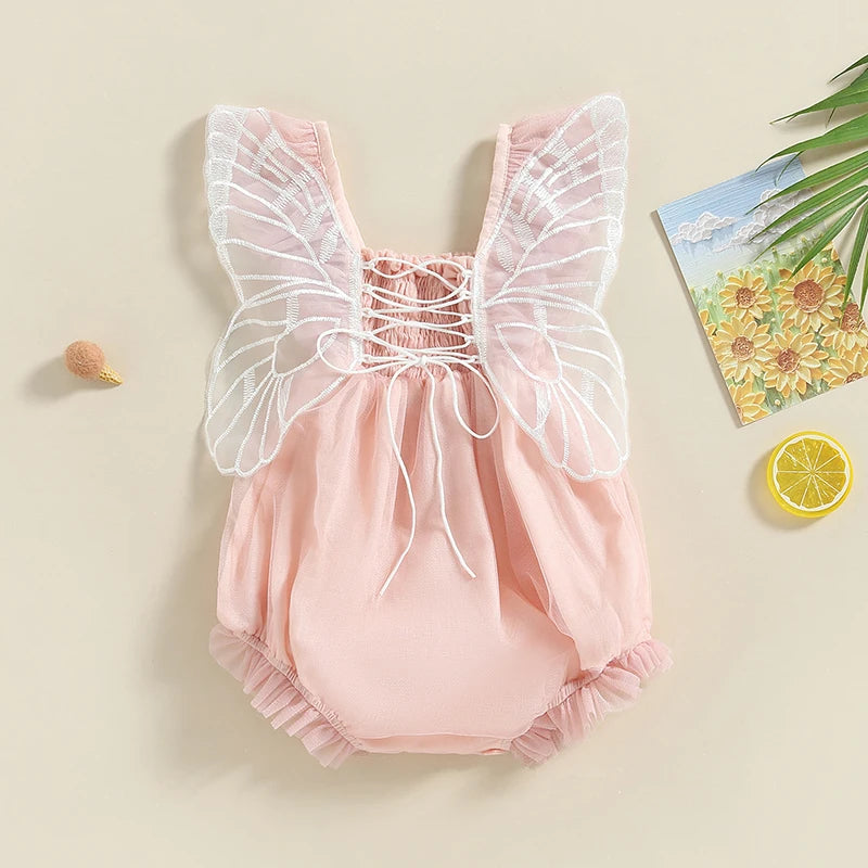 Newborn Baby Girls Bodysuit Fly Sleeve Embroidery Pleated Lacing Summer Jumpsuit