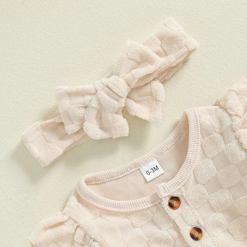 Baby Girls Set Checkered Button Long Sleeve Round Neck Ruffled Romper Bow Long Pants Hair Band Outfits