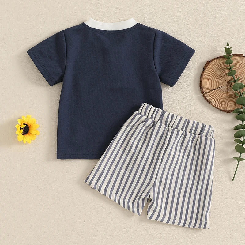 Toddler Baby Boy Summer Clothes Short Sleeve Pocket T-Shirt Stripe Drawstring Shorts Outfit