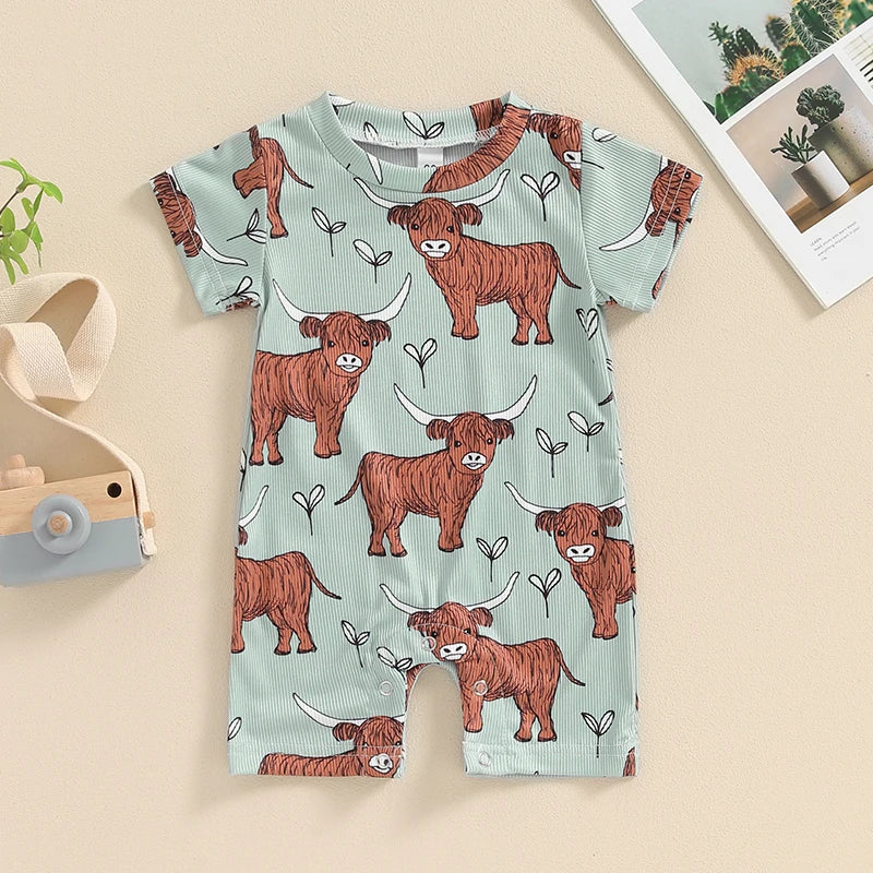 Baby Boys Western Short Sleeve Crew Neck Cow Head Print Casual Romper Jumpsuit