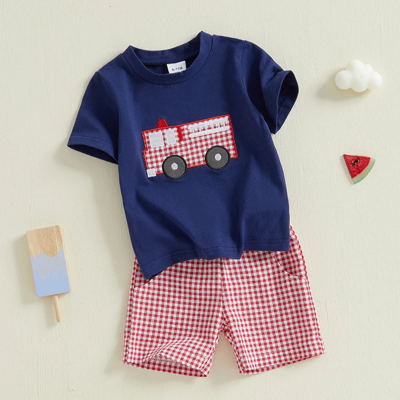 Toddler Baby Boy Summer Outfits Short Sleeve Fire Truck Embroidery T-Shirt + Short Pants Set Clothes