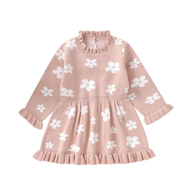 Toddler Kids Girl Long Sleeve Dress Casual Floral Print Ruffle Sweater A-Line Dress Baby Spring Clothes