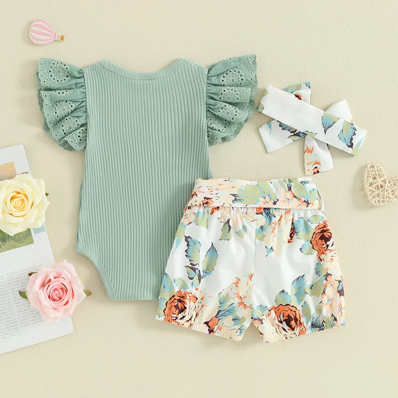 Baby Girls Shorts Outfits Letter Print Fly Sleeve Romper with Floral Shorts and Heaband 3Pcs Summer Set