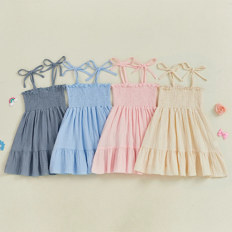 Little Girl Tie Shoulder Dress Solid Smocked Spaghetti Strap Tiered Ruffled Dress Cute Summer Clothes