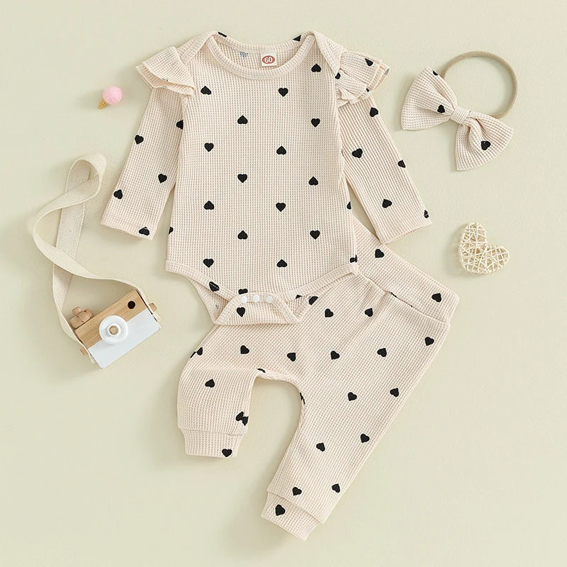 Infant Baby Girl Clothes Set Waffle Knit Heart Long Sleeve Romper Pants Headband Suit Outfits Fall Clothes