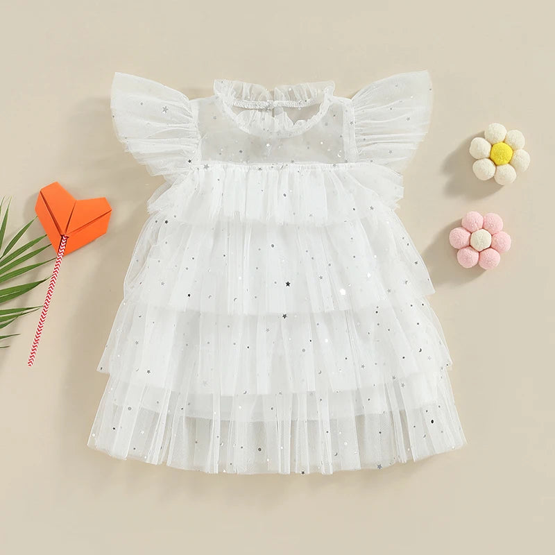 Toddler Kids Girls Dress Stars Moon Sequins Fly Sleeve Princess Dress Ruffles Tulle Dress
