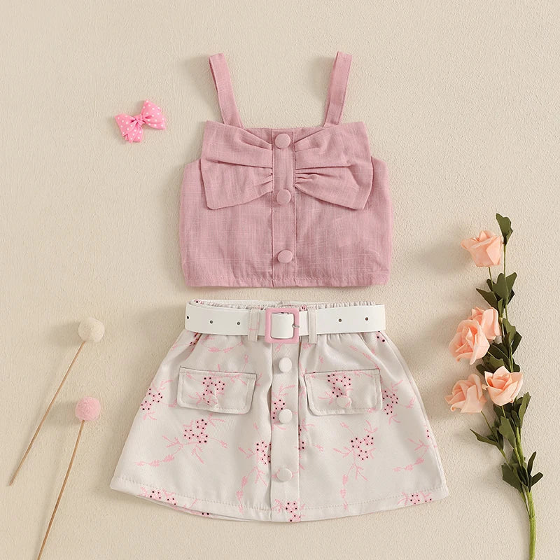 Toddler 2Pcs Baby Girl Summer Outfits Sleeveless Bow Tank Tops + Belted Skirt Set Clothes