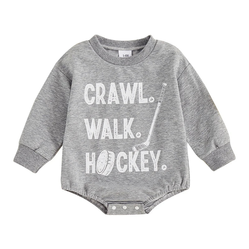 Baby Boy Romper Long Sleeve Round Neck Hockey Print Bodysuit Playsuit