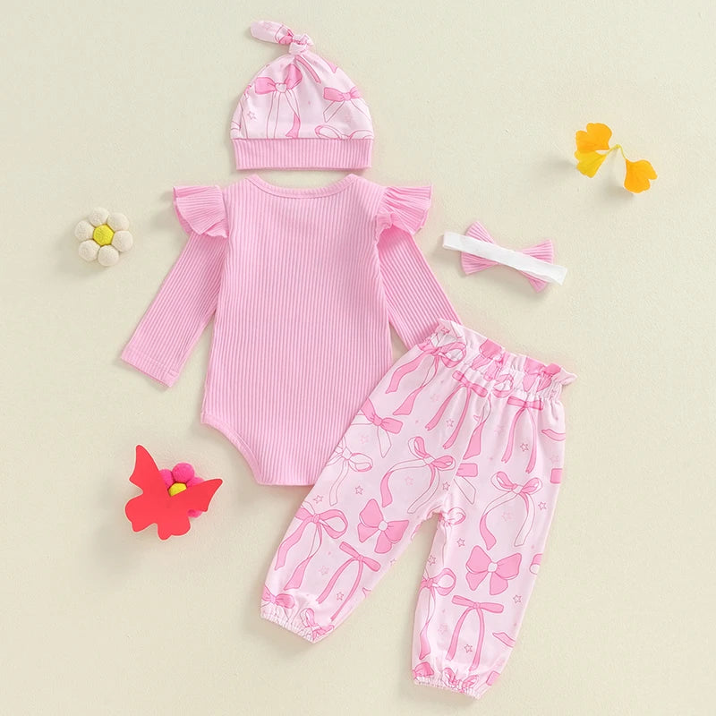 Baby Girl Fall 4 Pcs Outfit Letter Long Sleeve Romper with Bow Pattern Pants and Headband Hat Set
