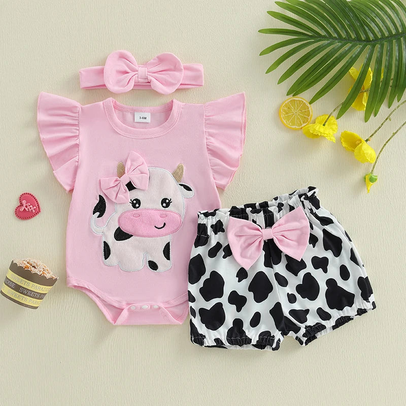 Baby Girls Shorts Set Short Sleeve Bear Cow Romper Elastic Waist Shorts with Hairband