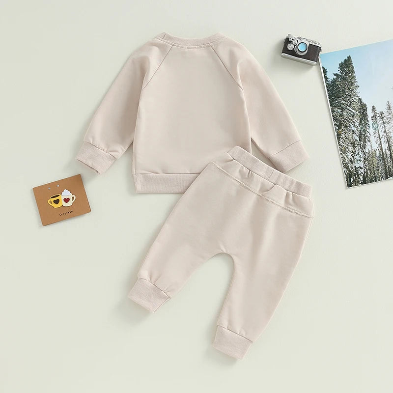 Toddler Boys Girl 2Pcs Fall Outfits Solid Crew Neck Long Sleeve Sweatshirts Long Pants Clothes
