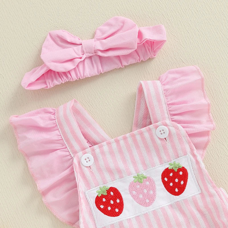 Newborn Girl Outfit Striped Embroidery Strawberry Fly Sleeve Romper with Bowknot Hairband