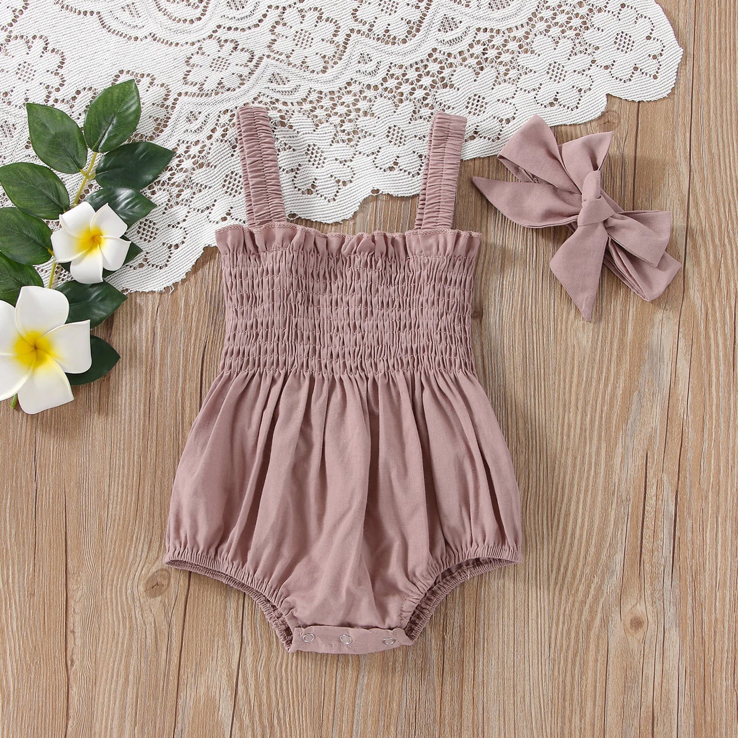 Infant Baby Girl 2Pcs Summer Clothing Sleeveless Solid Bodysuit Jumpsuit Headband