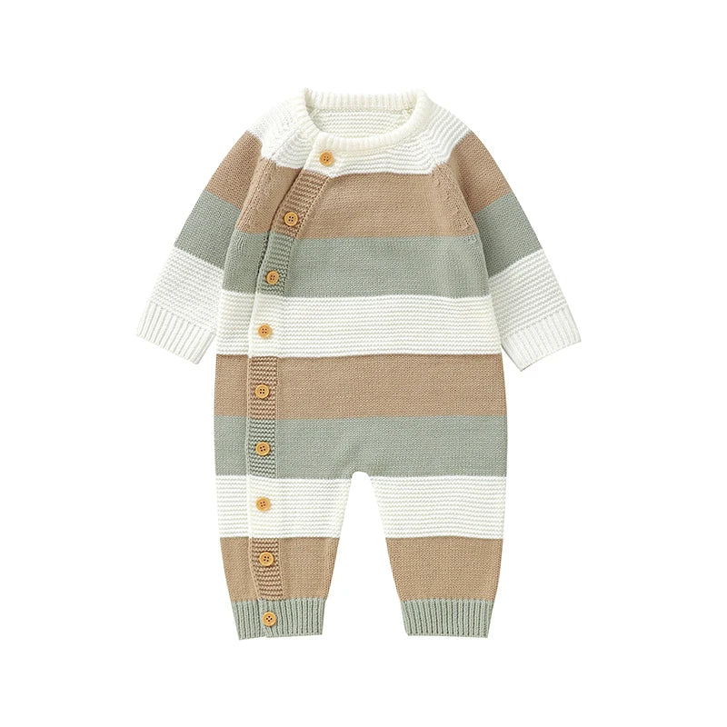 Baby Boy Sweater Romper Striped Crew Neck Long Sleeve Full Length Jumpsuit