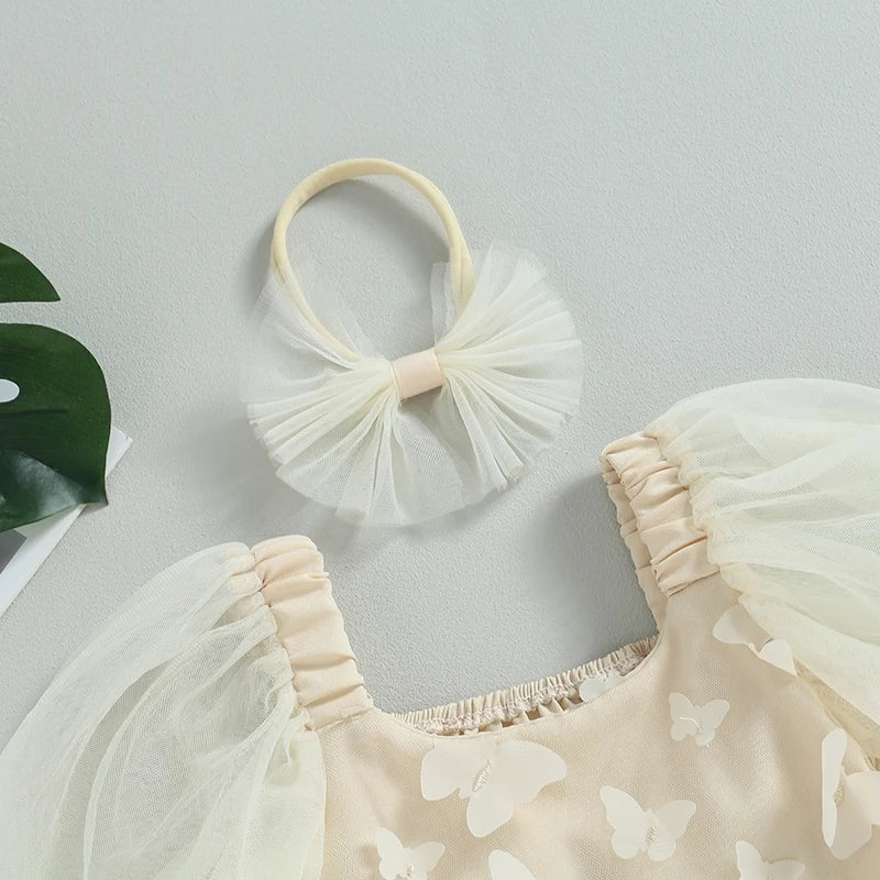 Toddler Girls Fall Outfits Butterfly Princess Dress Long Sleeves A-Line Dress Headband 2Pcs Set