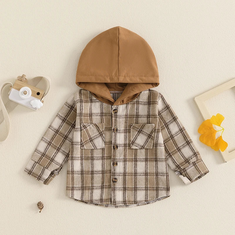 Toddler Baby Boys Plaid Pocket Button Long Sleeve Hooded Cardigan Jackets Tops Outwear