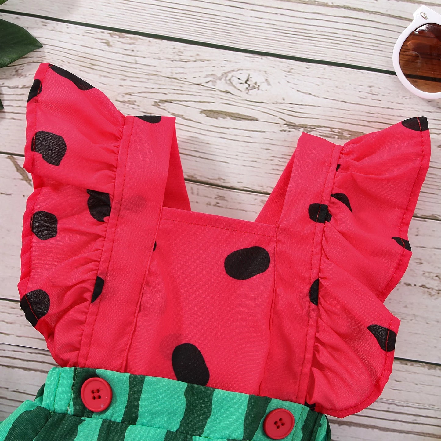Newborn Baby Girl 2 Pcs Outfits Watermelon Print Design Square Neck Fly Sleeve Bodysuit Headband