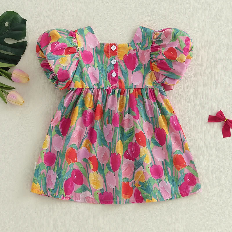 Toddler Baby Girl Floral Dress Short Sleeve Square Neck Bow Front Floral Print Loose Dress Casual Dress