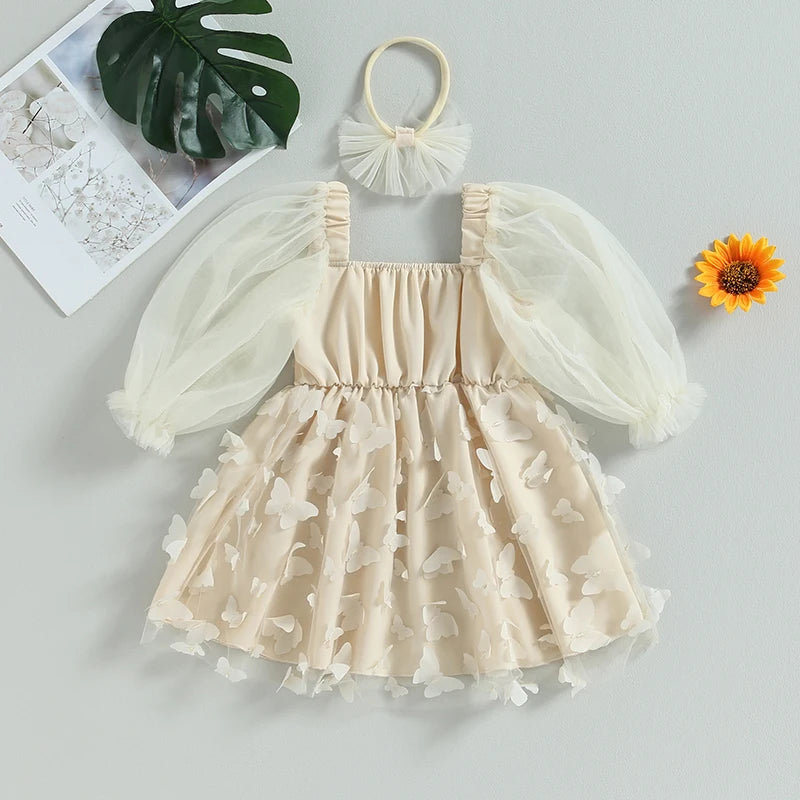 Toddler Girls Fall Outfits Butterfly Princess Dress Long Sleeves A-Line Dress Headband 2Pcs Set