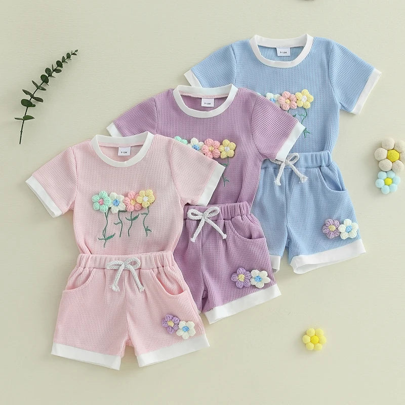 Toddler Girl Summer Waffled Clothes 3D Flower Short Sleeve Round Neck Tops Elastic Waist Shorts Outfit