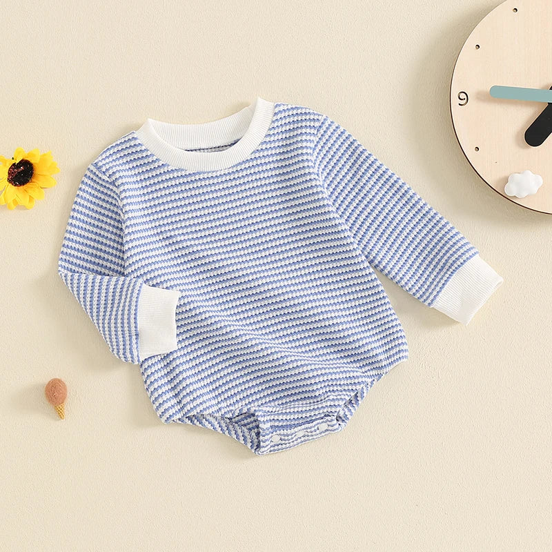 Toddler Waffle Sweatshirt Romper Casual Stripe Print Long Sleeve Jumpsuit