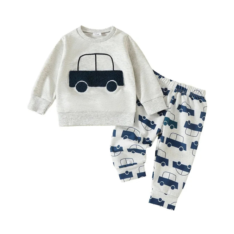 Toddler Baby Boy Outfit Car Embroidery Long Sleeve Pullover Sweatshirt Elastic Waist Pants 2 Piece Set