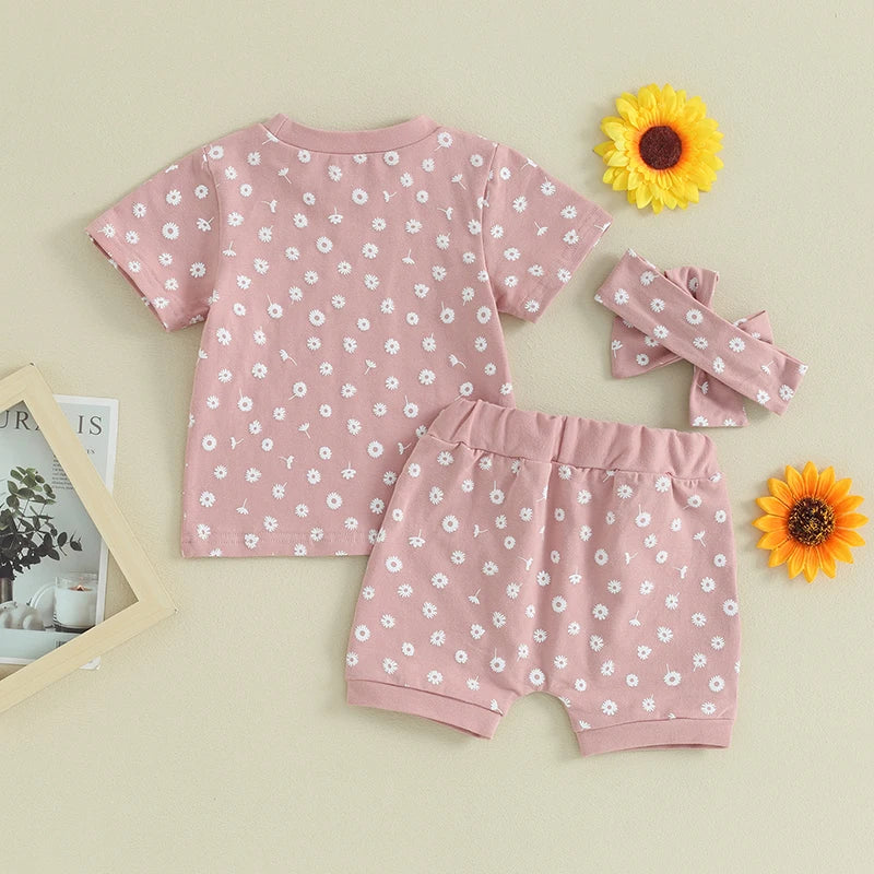 Toddler Baby Girls Clothes Sets Floral Print Short Sleeve T-shirtswith Shorts and Hairband Summer Outfit