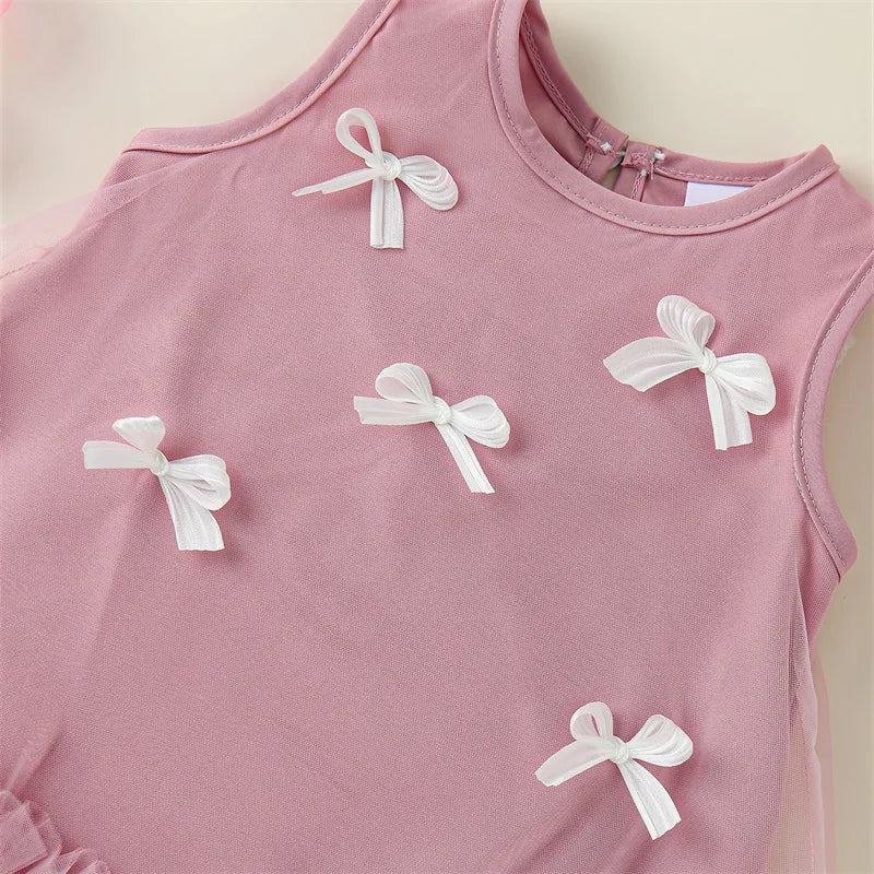 Toddler Kid Girls Dress Children Sleeveless Crew Neck Bow Tulle Dress Summer Casual Princess Dress A-line Dress