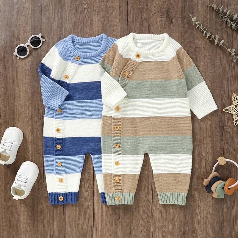 Baby Boy Sweater Romper Striped Crew Neck Long Sleeve Full Length Jumpsuit
