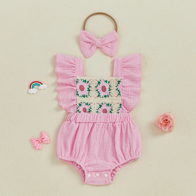 Summer Baby Girl Crochet Flower Romper Flying Sleeve Bodysuit with Bow Headband Outfit