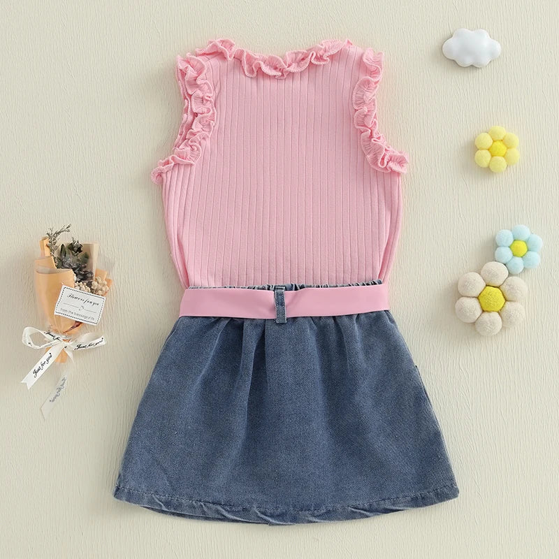 Toddler Kids Girl Outfit Solid Color Ruffles Tank Tops and Button Denim Skirt with Belt Set Summer Clothes