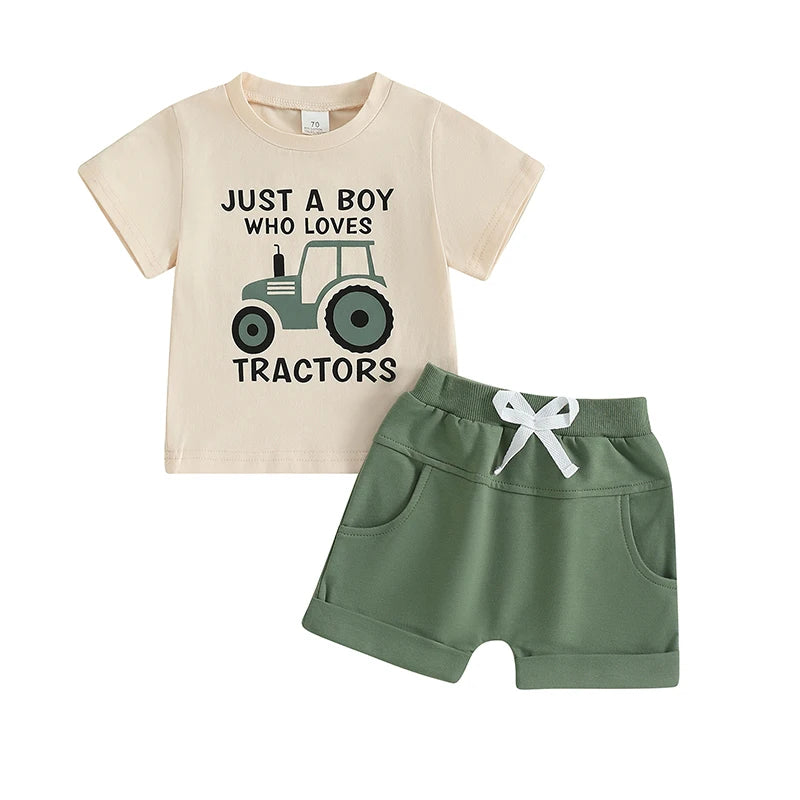 Toddler Boy Summer Outfits Tractor Letter Print Round Neck Short Sleeve Tops with Solid Shorts Outfit