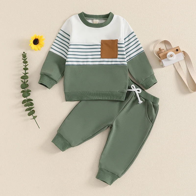 Kids Boys Outfit Long Sleeve Stripes Sweatshirt with Elastic Waist Sweatpants Fall Outfit