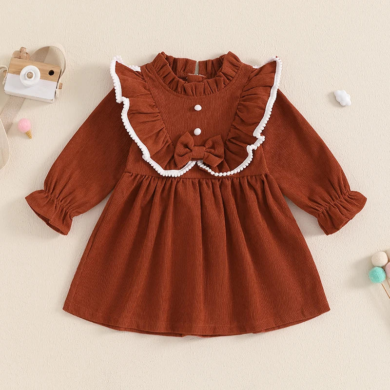 Autumn Spring Little Girl Corduroy Dress Mock Neck Ruffled Long Sleeve Bow Decor A-Line Dress