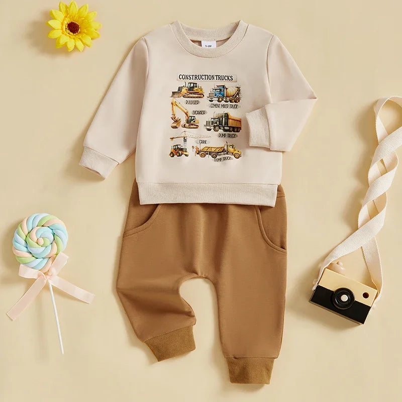 Toddler Baby Boy Outfits Construction Print Long Sleeve Pullover Tops Long Pants 2Pcs Winter Fall Set