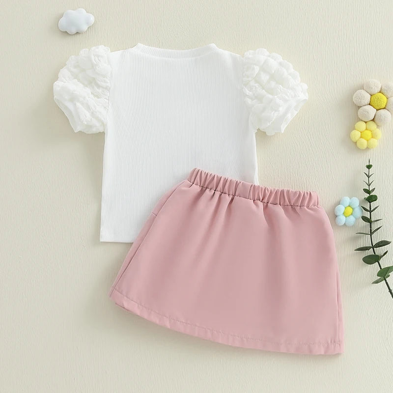 Girls Summer Outfits Crochet Flowers Puff Short Sleeve T-Shirt and Elastic A-Line Skirt Set Toddler Clothes