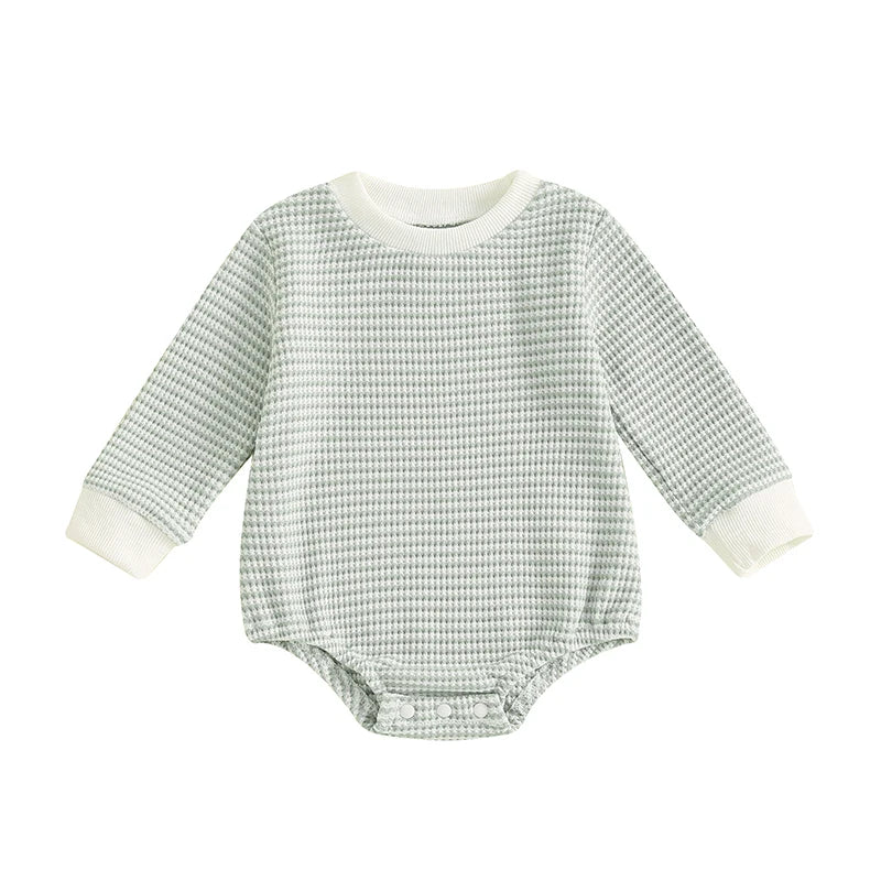 Toddler Waffle Sweatshirt Romper Casual Stripe Print Long Sleeve Jumpsuit