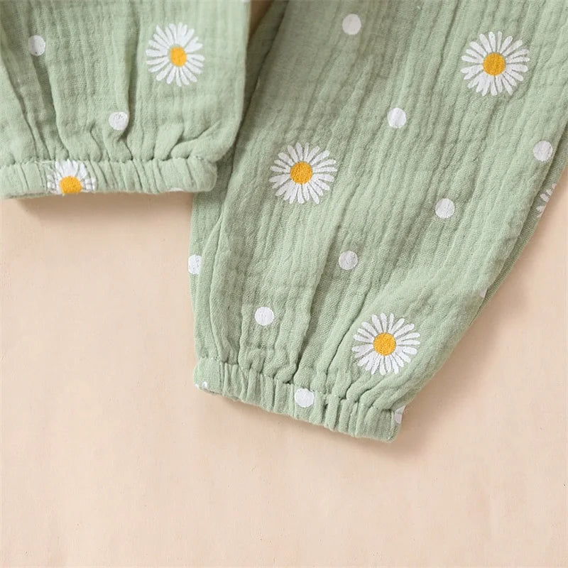 Baby Girl Daisy Print Outfit Solid Ribbed Ruffle Romper Long Sleeve Pants Headbands Clothes Set